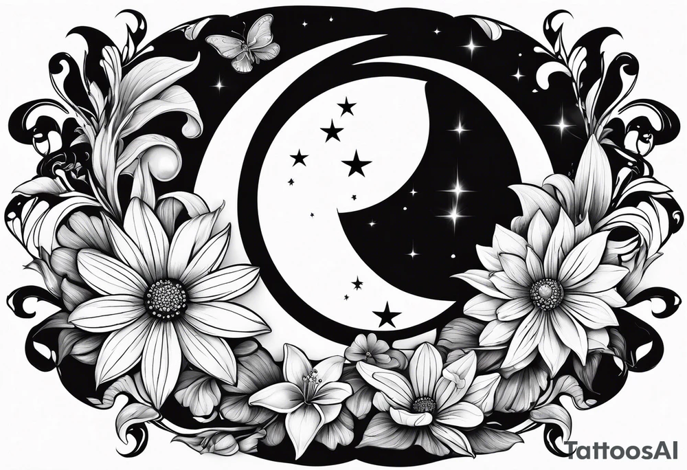 Crescent moon with daisy's, lily’s, crystals, and mushrooms tattoo idea