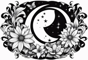 Crescent moon with daisy's, lily’s, crystals, and mushrooms tattoo idea