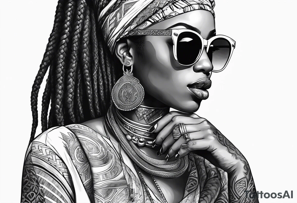 Muslim African woman  with snake dreads biting money sun glasses tattoo idea