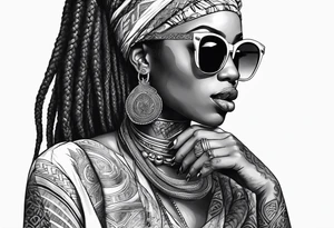 Muslim African woman  with snake dreads biting money sun glasses tattoo idea