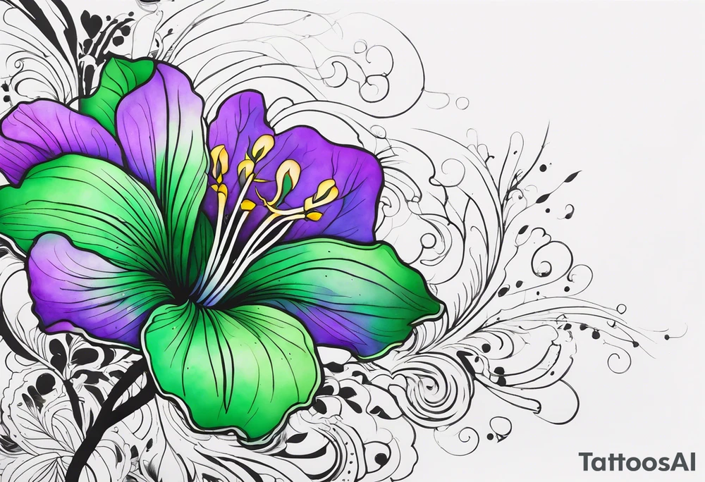 A mystical outline of a green and purple rio dipladenia flower and a green and purple watercolor splash in the background tattoo idea