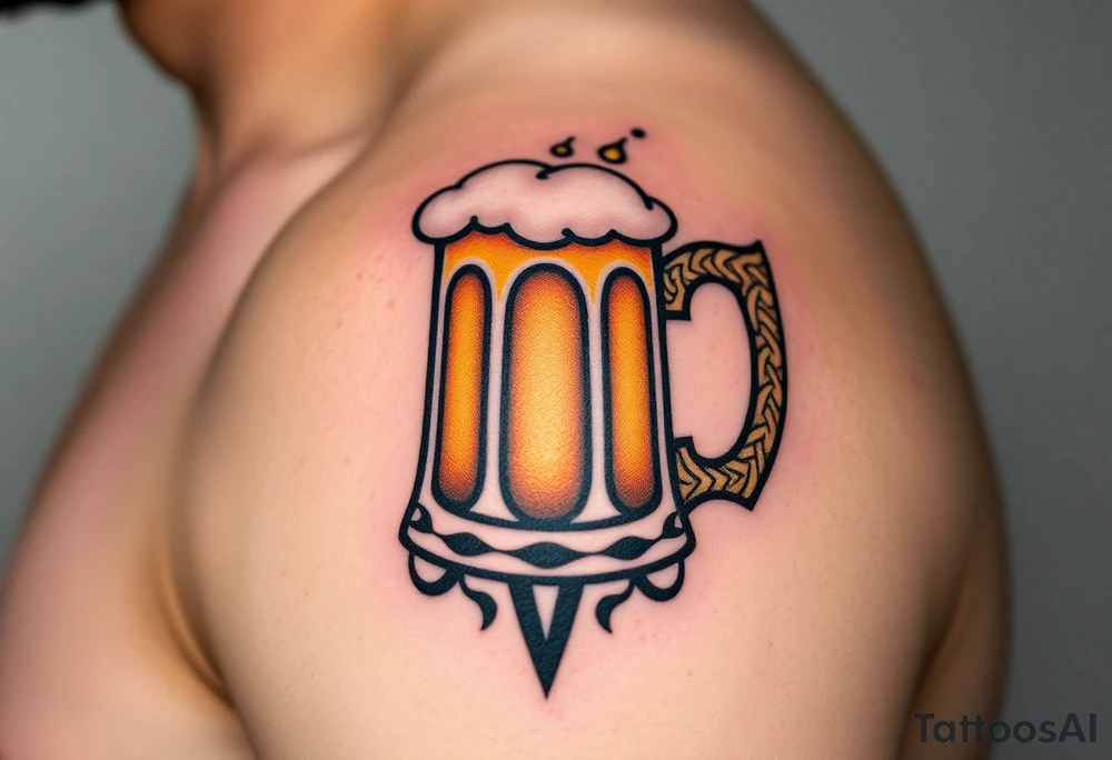 A frothy golden beer mug with condensation droplets, featuring intricate woodgrain textures on the handle tattoo idea