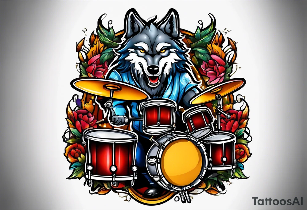 Wolf playing drum set tattoo idea