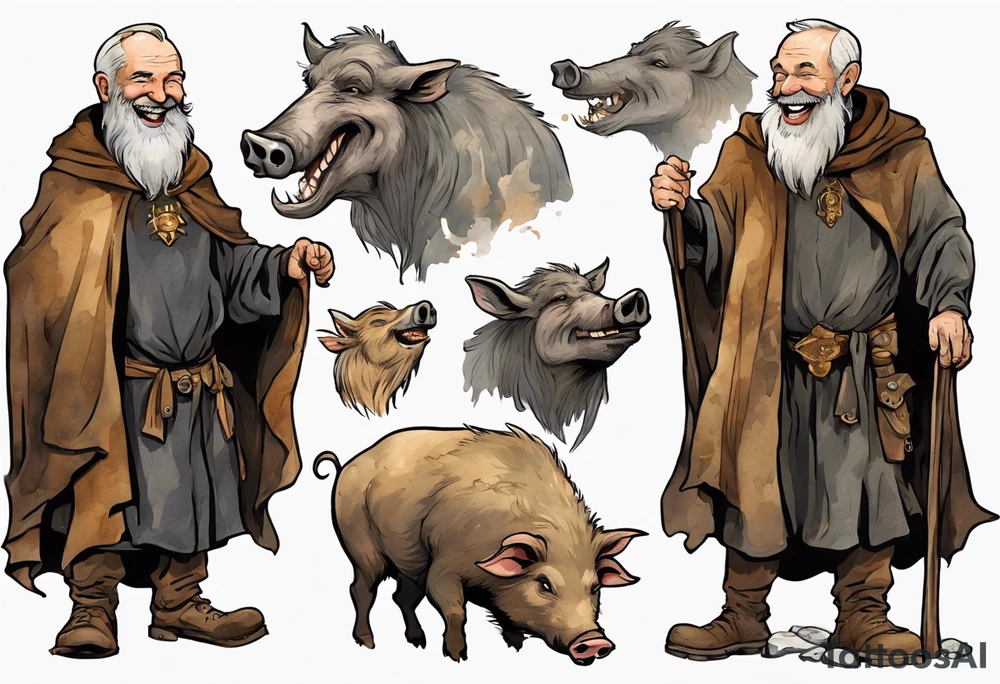 a 55-year-old medieval Nordic man with a grey beard laughing with a gold tooth wearing a brown and black cloak standing next to a boar in front of a cave tattoo idea