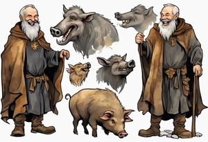 a 55-year-old medieval Nordic man with a grey beard laughing with a gold tooth wearing a brown and black cloak standing next to a boar in front of a cave tattoo idea