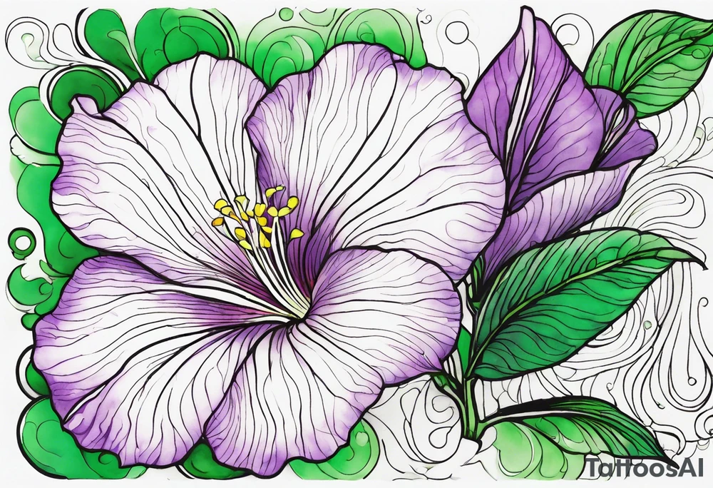 An outline of a rio dipladenia flower with a green and purple watercolor background tattoo idea