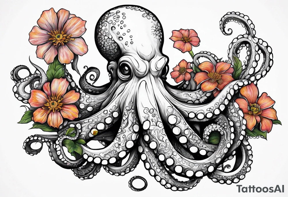 octopus holding flowers tattoo idea