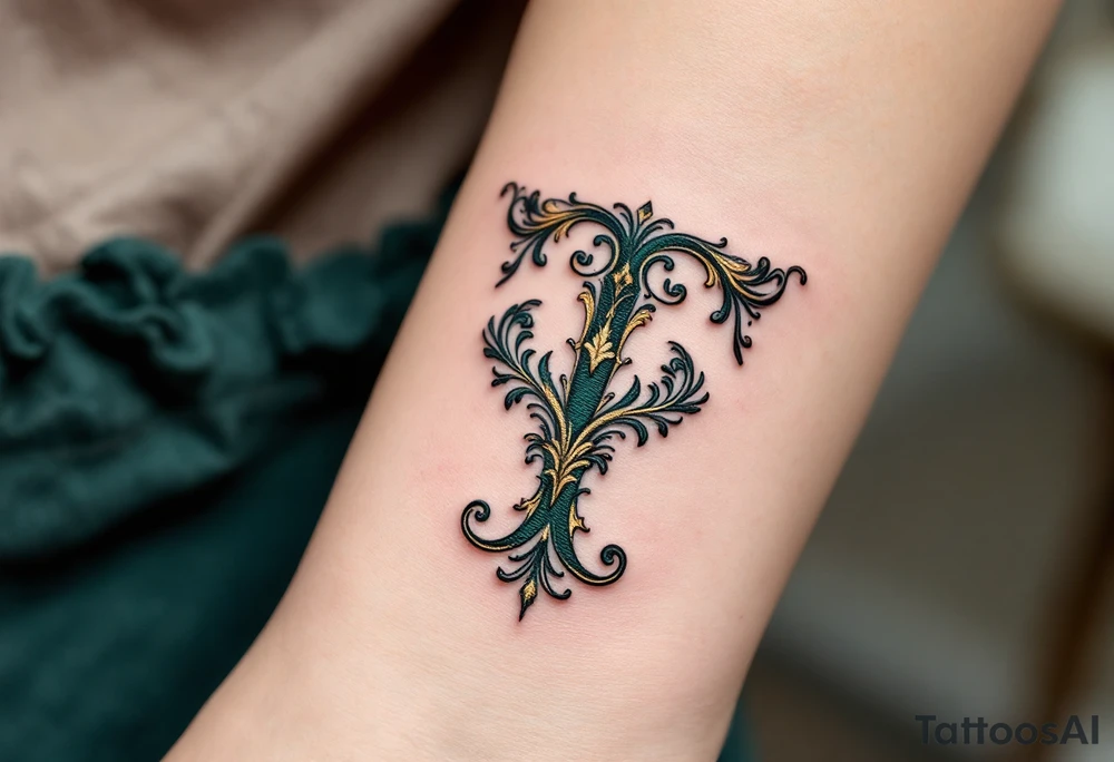 An ornate Victorian-style "T" in deep emerald green with gold leaf filigree. tattoo idea