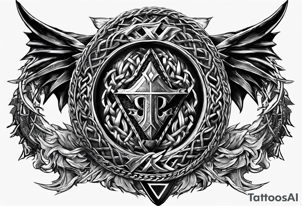 Valhalla sword shield dragon axe Valknut barbed wire chains fire tattoo idea