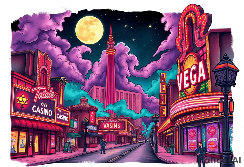 Tim Burton’s vegas casino on the strip from outside view is the street is littered with neon signs  and dripping with muted reds, dusty pinks, and eerie green glow purple and cyan smokey clouds swim through the moonlit night air as the stars twinkle tattoo idea tattoo idea