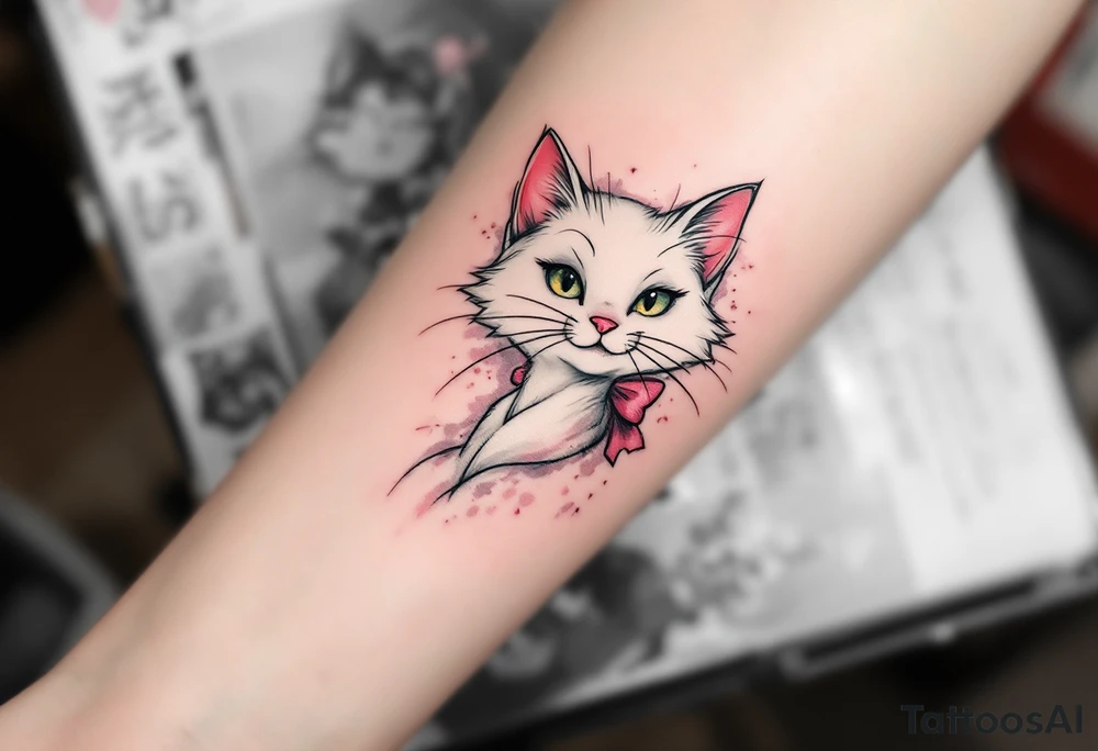 Marie, the white cat with a pink bow, adds a touch of vintage Disney with this Aristocats tattoo. tattoo idea