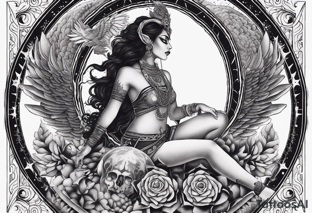 black kali, goddess pirate, alien, angel, pachamama, valkrye, warrior, flying, skull, lotus azul, wing, eagle, zenza resonance, stars, 5D, anahata chakra, death, durga, riding on a tiger, flying lady, kundalini, chest tatoo, samuri, rebel tattoo idea