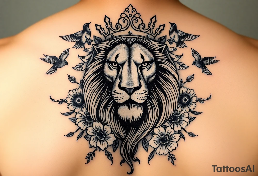 powerful majestic lion with a crown, surrounded by floral ornaments and birds tattoo idea