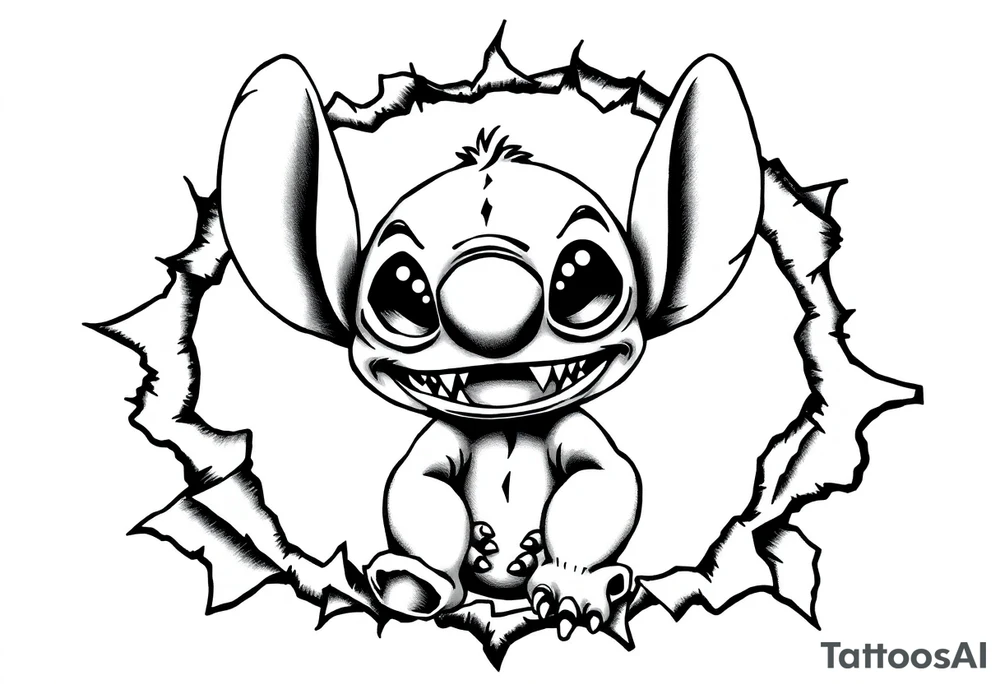 Black and white tattoo stencil design of Stitch reimagined in a creepy stitched doll style, inspired by gothic ragdoll aesthetics. Stitch has exaggerated eyes, stitched mouth, uneven seams, slightly hunched posture, and sharp teeth. His expression is mischievous but eerie.
The design is framed inside a torn skin effect, with ripped flesh edges surrounding the character. The torn edges are jagged, organic, and flowing outward like ripped paper or claw marks. Skin tears reveal Stitch underneath as if breaking through the body.. tattoo idea