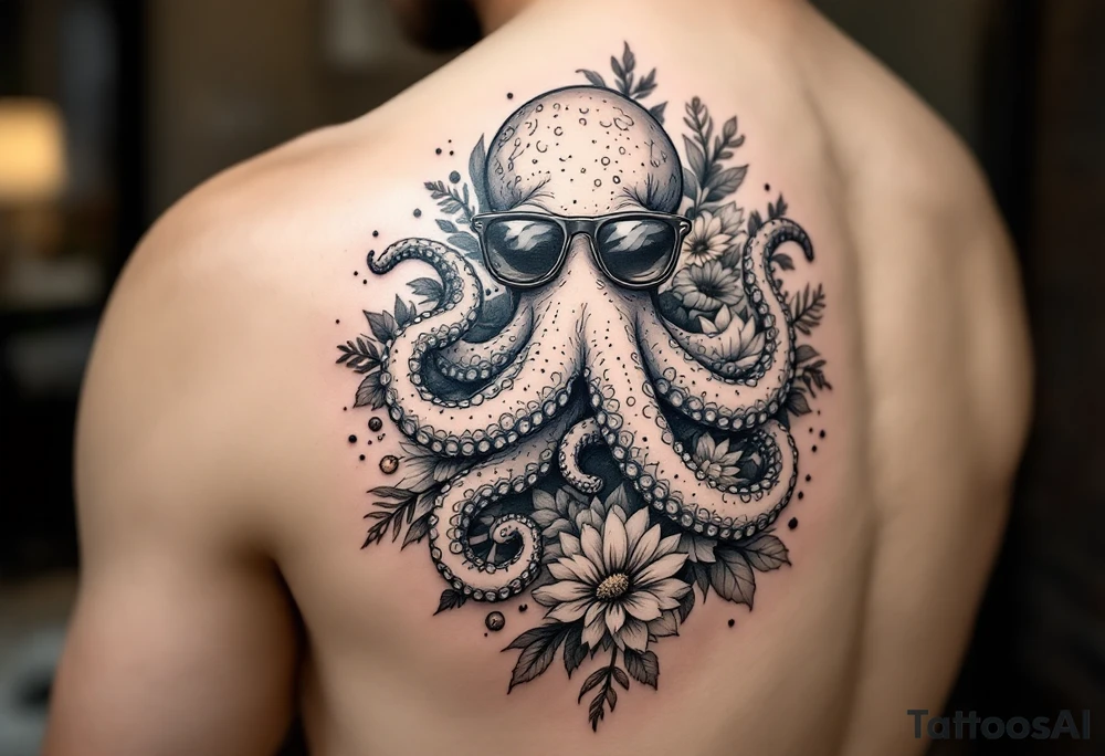 cute octopus, surrounded by floral ornaments and oceanic items, wearing sunglasses tattoo idea