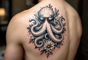 cute octopus, surrounded by floral ornaments and oceanic items, wearing sunglasses tattoo idea
