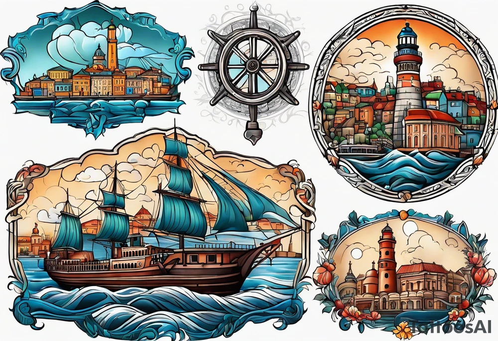 This tattoo depicts the city of Odesa. The main symbols of this city are a ship's wheel, a lighthouse, the Potemkin Stairs, the sea, the Opera House, and the cozy small streets. tattoo idea
