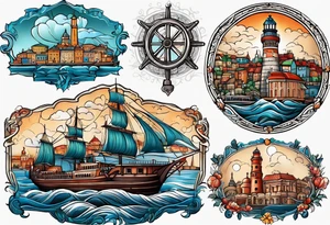 This tattoo depicts the city of Odesa. The main symbols of this city are a ship's wheel, a lighthouse, the Potemkin Stairs, the sea, the Opera House, and the cozy small streets. tattoo idea