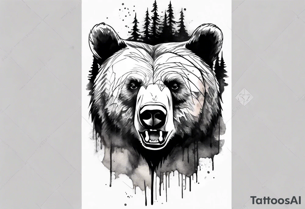 bear head right above the forest line with a lake below, full arm sleeve tattoo tattoo idea