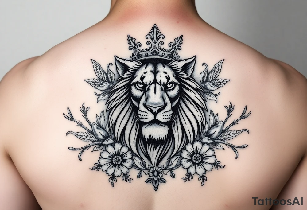 powerful majestic lion with a crown, surrounded by floral ornaments and birds tattoo idea