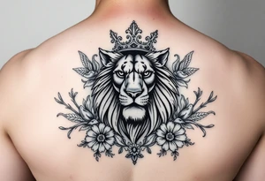 powerful majestic lion with a crown, surrounded by floral ornaments and birds tattoo idea