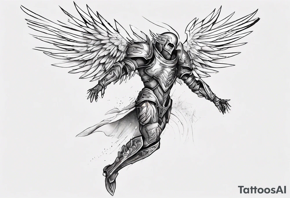 Side view of an evil angel wearing inorganic armor that is in mid-air ready to attack tattoo idea