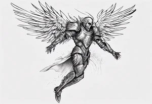 Side view of an evil angel wearing inorganic armor that is in mid-air ready to attack tattoo idea
