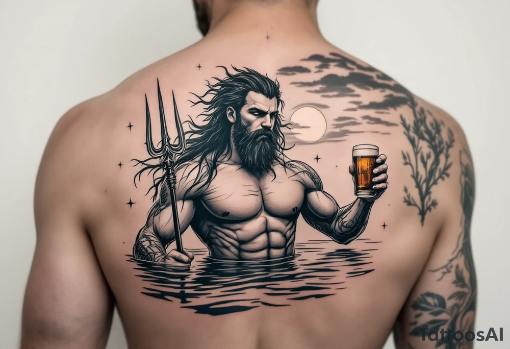 young, fit poseidon in calm water, holding a trident, drinking a beer, with sunset tattoo idea