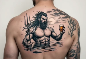 young, fit poseidon in calm water, holding a trident, drinking a beer, with sunset tattoo idea