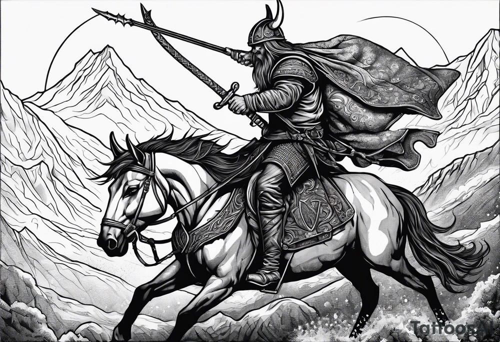Hooded viking in the land of the dead riding on a stag with no face tattoo idea