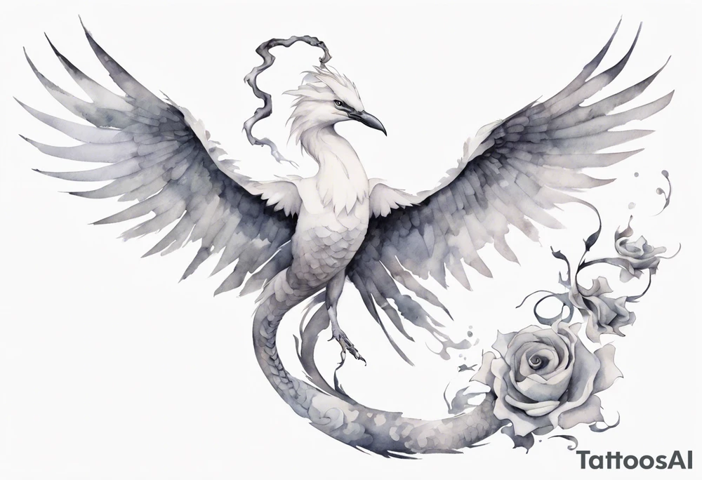 a white bird-serpent hybrid, wearing a small grey crown on its head, flying in the air tattoo idea