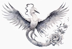 a white bird-serpent hybrid, wearing a small grey crown on its head, flying in the air tattoo idea