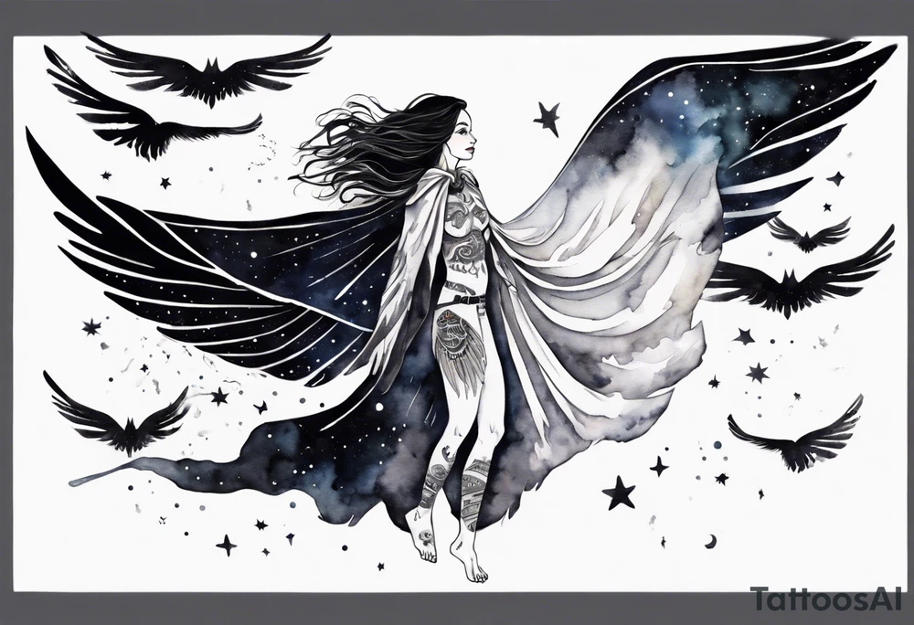 a beautiful 45 year old woman flying in the night sky with black wings, wearing a black and white cloak, bare feet tattoo idea
