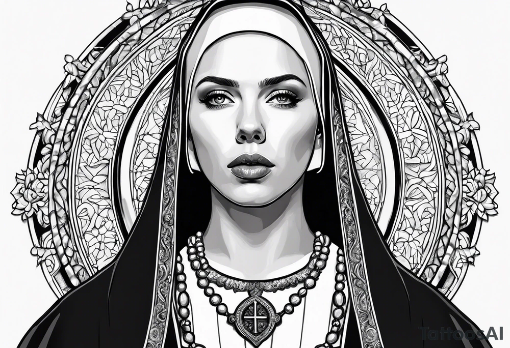 Scarlett Johansson as a nun with hand holding rosary tattoo idea