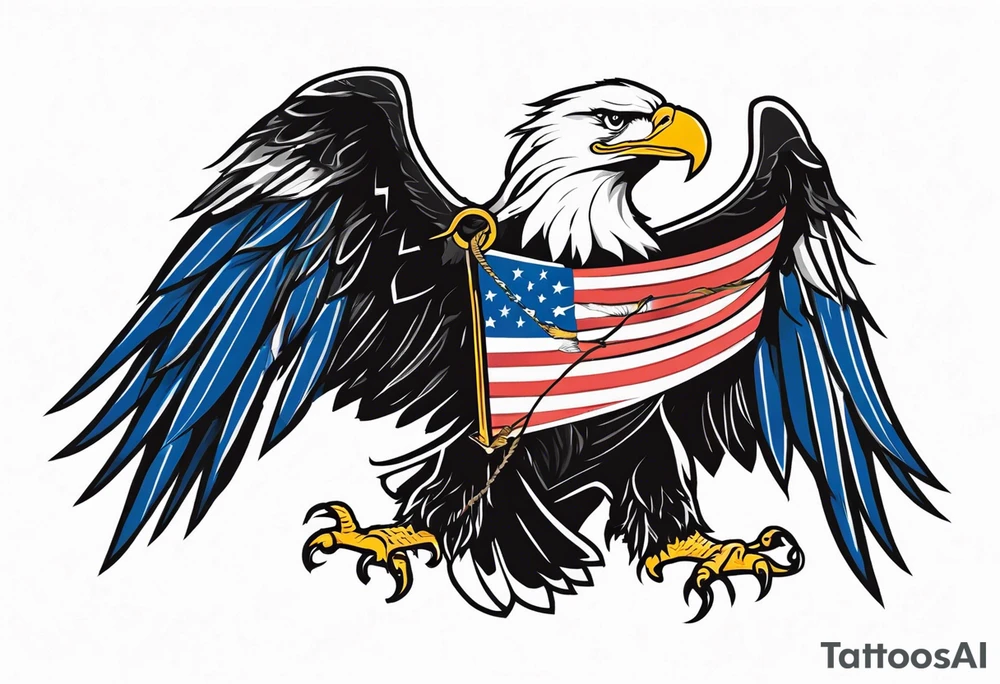 American eagle holding American flag in beak while holding anchor in talons tattoo idea
