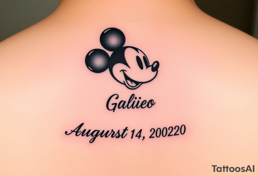 mickey mouse symbol with the name Galileo and the date August 14,2020, incorporated tattoo idea