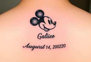 mickey mouse symbol with the name Galileo and the date August 14,2020, incorporated tattoo idea