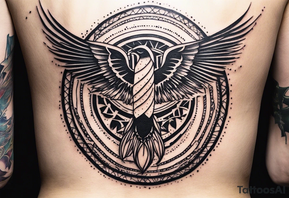 Wide tattoo that appears to be bursting out of the skin, symbolizing freedom. The tattoo should be vibrant and dynamic, with bold lines and colors that evoke a sense of liberation and empowerment. Consider incorporating elements such as broken chains, or other symbols of freedom. The tattoo should be visually striking and thought-provoking, inviting the viewer to reflect on the importance of personal freedom. tattoo idea