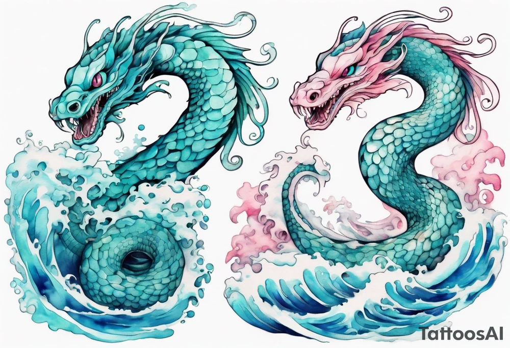 a turquoise and white and pink sea serpent with beautiful eyes emerging from the blue waves of the ocean tattoo idea