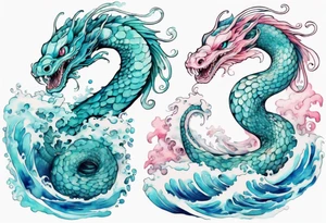 a turquoise and white and pink sea serpent with beautiful eyes emerging from the blue waves of the ocean tattoo idea