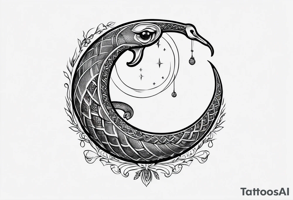 crescent moon has a snake wrapped around it from bottom up, small and simple tattoo idea