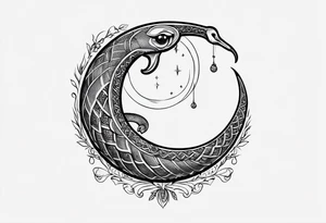 crescent moon has a snake wrapped around it from bottom up, small and simple tattoo idea