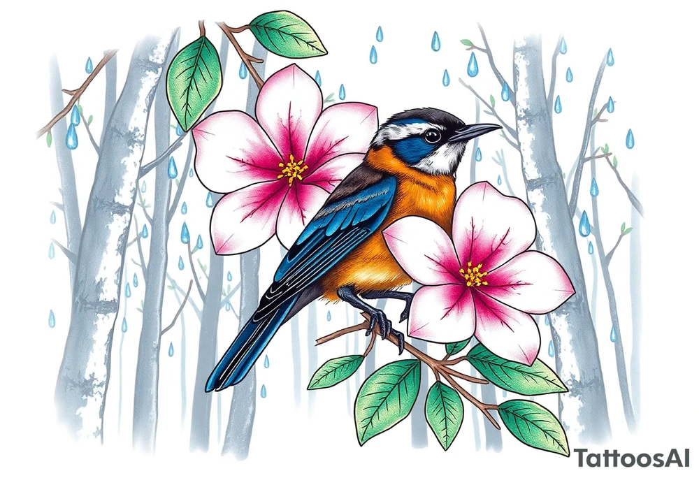forest trees background
blue rain drops
pink camelia flower
blue and brown wren bird tattoo idea