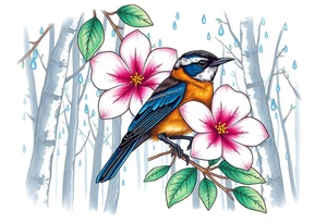 forest trees background
blue rain drops
pink camelia flower
blue and brown wren bird tattoo idea