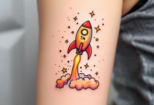 A playful rocket ship blasting off in vibrant reds and oranges, trailing stars that form the son’s initials TM in the sky. tattoo idea