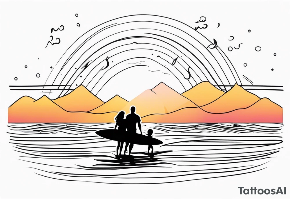 Black and white Line work tattoo depicting a father surfing with his two daughters.  The sunset and horizon have musical notes. tattoo idea