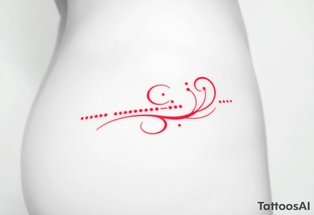 the text, “-... .-. .- . .- .-.. ....... -.. .- .-- --- --- -.. .......” in the shape of a swirl in red ink on female hip bone on the right side tattoo idea