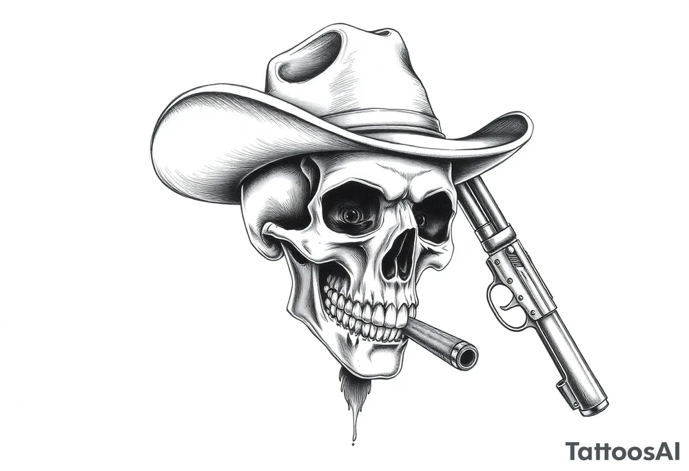 a skull with cowboy-hat and agun in his hand and a cigar in his mouth. tattoo idea