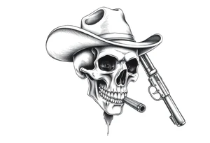 a skull with cowboy-hat and agun in his hand and a cigar in his mouth. tattoo idea