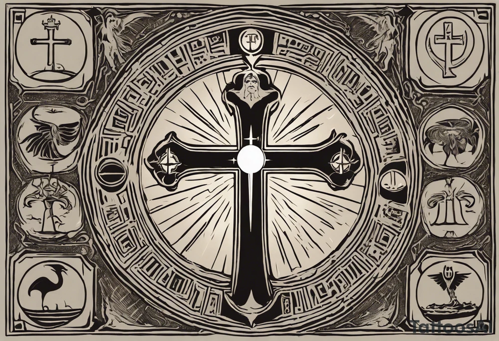 A medieval cross with an assyrian flag in the middle. A crown om top of the cross. The assyrian king Sennacherib. A sun and a moon. A cloud with rain and thunder. charizard. an imperfect cirkle. a candle. a swan. lemons. the god asshur with wings. an ankh. angel wings with a halo. surrounded by olive branches and feathers. tattoo idea